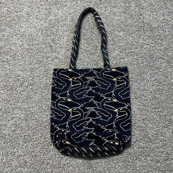 Tory Burch Pattern Print Canvas Tote Curly Ribbon Swan - Picture 3 of 10